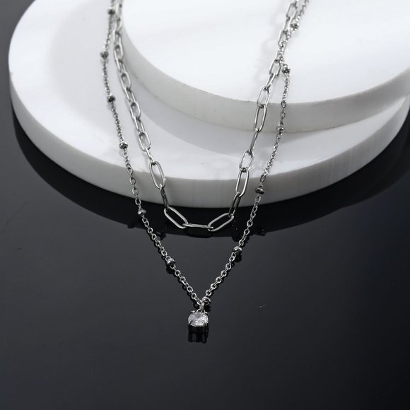 Pre-Layered Chains Silver Necklace with Zirconia Charm. - Picture 1 of 8